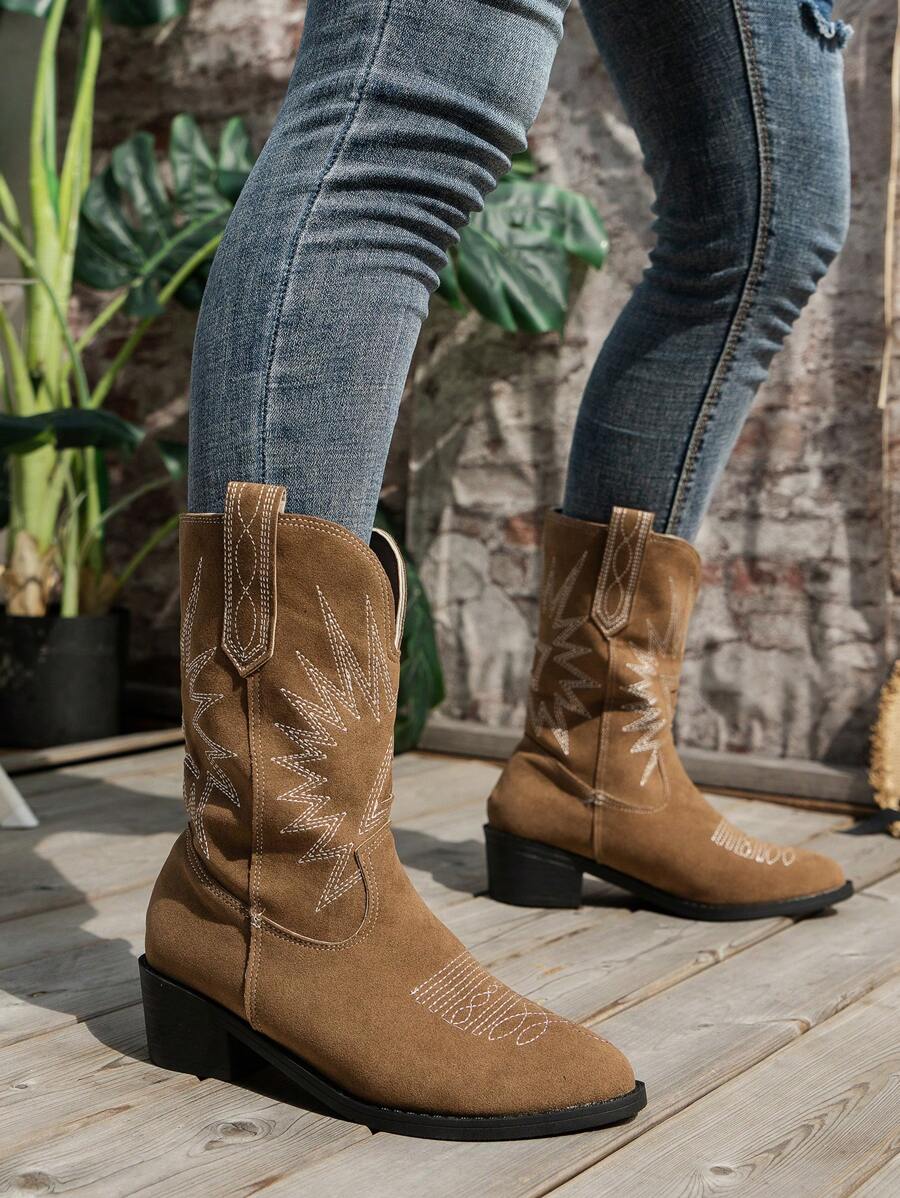 Vacation Western Boots For Women, Faux Suede Stitch Detail Fashion Boots, Cowboy Boots For Women - Khaki - View 1