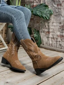 Vacation Western Boots For Women, Faux Suede Stitch Detail Fashion Boots, Cowboy Boots For Women - Khaki - View 3