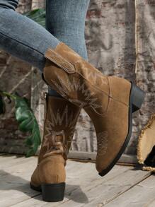 Vacation Western Boots For Women, Faux Suede Stitch Detail Fashion Boots, Cowboy Boots For Women - Khaki - View 4