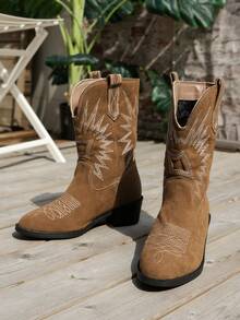 Vacation Western Boots For Women, Faux Suede Stitch Detail Fashion Boots, Cowboy Boots For Women - Khaki - View 5