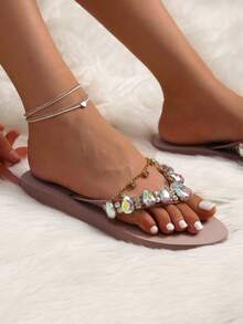 Glamorous Flip Flops For Women, Rhinestone Decor PVC Slippers - Khaki - View 4