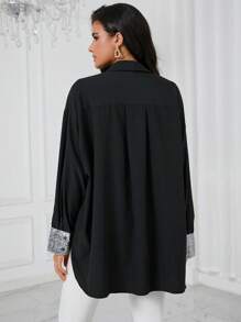 SHEIN Privé Áo sơ mi nữ ghép mộng kim sa Nút phía trước Khối Màu Giải trí - màu đen - Xem 2