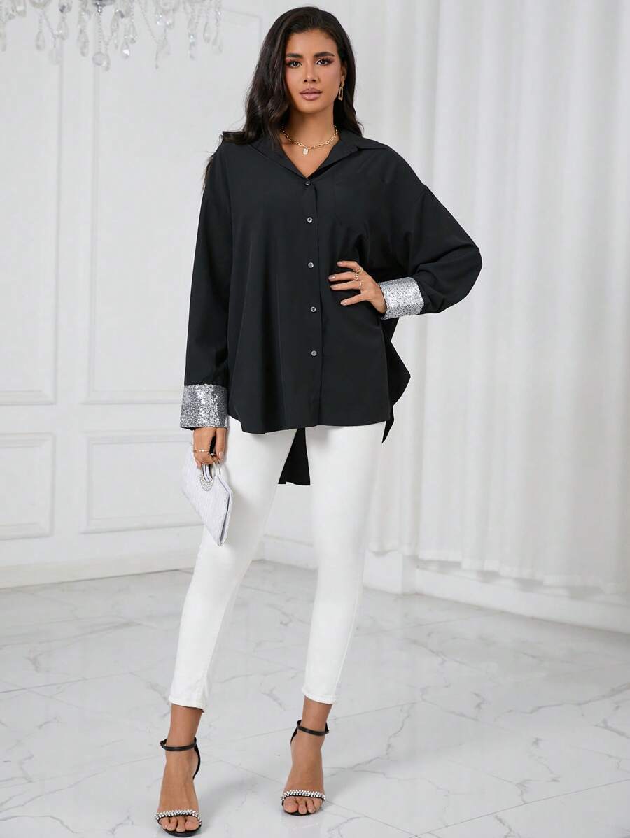 SHEIN Privé Áo sơ mi nữ ghép mộng kim sa Nút phía trước Khối Màu Giải trí - màu đen - Xem 1