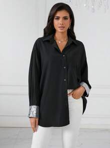 SHEIN Privé Áo sơ mi nữ ghép mộng kim sa Nút phía trước Khối Màu Giải trí - màu đen - Xem 4