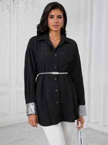 SHEIN Privé Áo sơ mi nữ ghép mộng kim sa Nút phía trước Khối Màu Giải trí - màu đen - Xem 5