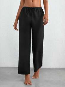 Ocili Solid Elastic Waist Sleep Trousers - Black - View 4
