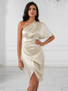 SHEIN Privé Đầm Bất đối xứng Trọn gói Xù màu trơn Thanh lịch - Màu be - Xem 5