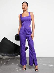 BizChic Striped Bandana Hem Tank Top & Split Hem Pants Workwear - Purple - View 1