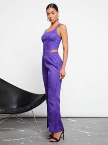BizChic Striped Bandana Hem Tank Top & Split Hem Pants Workwear - Purple - View 3