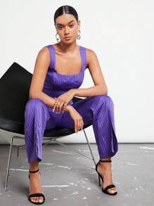 BizChic Striped Bandana Hem Tank Top & Split Hem Pants Workwear - Purple - View 4
