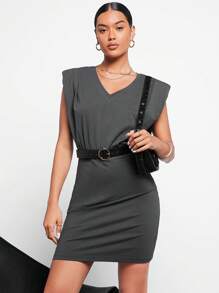 BizChic 墊肩素色緊身連衣裙不附腰帶 - 深灰色 - 查看 8