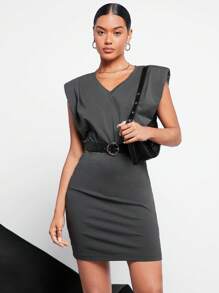 BizChic 墊肩素色緊身連衣裙不附腰帶 - 深灰色 - 查看 6