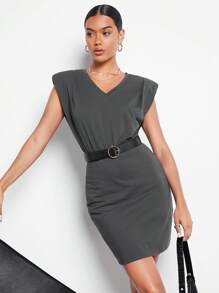 BizChic 墊肩素色緊身連衣裙不附腰帶 - 深灰色 - 查看 1