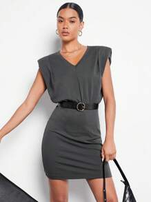 BizChic 墊肩素色緊身連衣裙不附腰帶 - 深灰色 - 查看 7