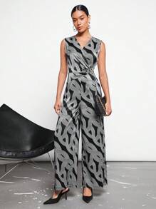 BizChic 滿版印花D型環側打結闊腿連體褲工作服 - 彩色 - 查看 1