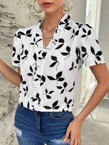 SHEIN Clasi Leaf Print Ruffle Trim Puff Sleeve Blouse - Black - View 1