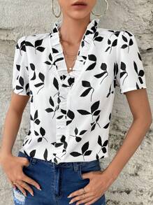 SHEIN Clasi Leaf Print Ruffle Trim Puff Sleeve Blouse - Black - View 3