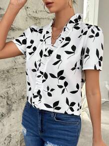 SHEIN Clasi Leaf Print Ruffle Trim Puff Sleeve Blouse - Black - View 5