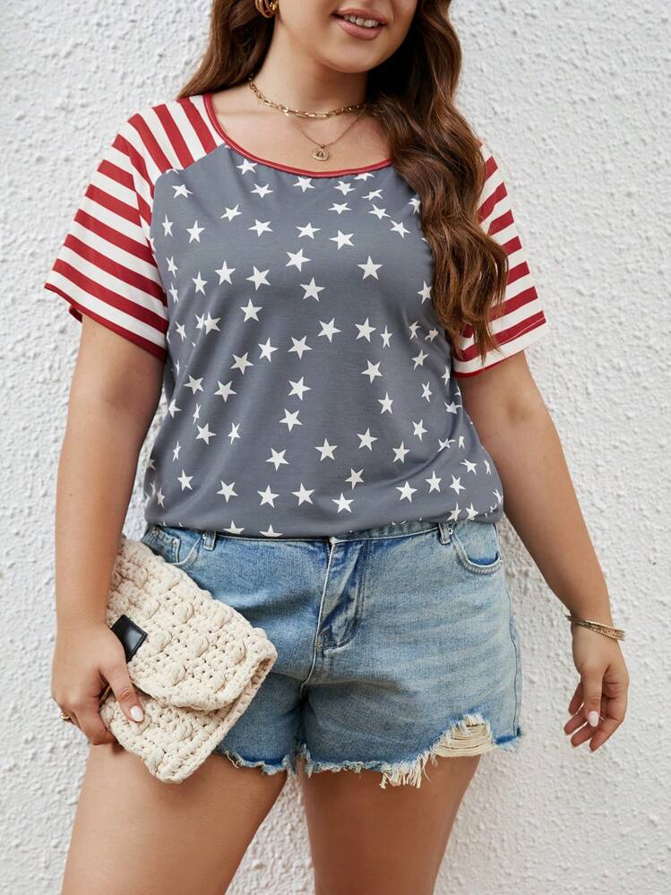 SHEIN LUNE Plus Striped & Star Print Raglan Sleeve Tee - Multicolor - View 1