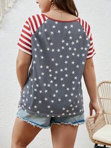 SHEIN LUNE 大碼條紋和星星印花插肩袖T恤 - 彩色 - 查看 2