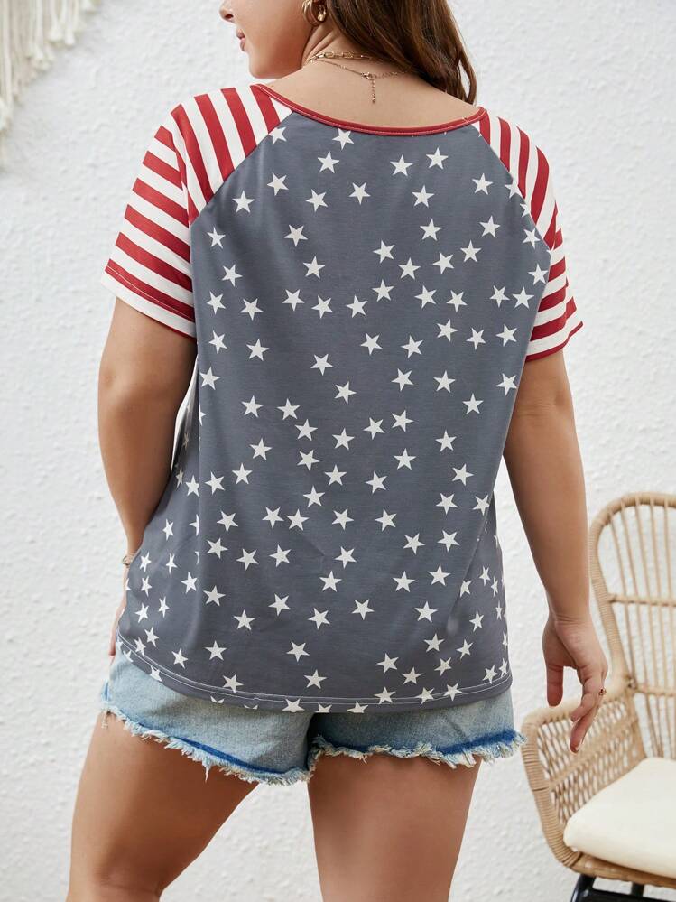 SHEIN LUNE Plus Striped & Star Print Raglan Sleeve Tee - Multicolor - View 2