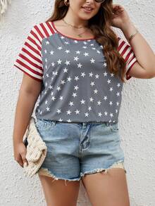 SHEIN LUNE 大碼條紋和星星印花插肩袖T恤 - 彩色 - 查看 3