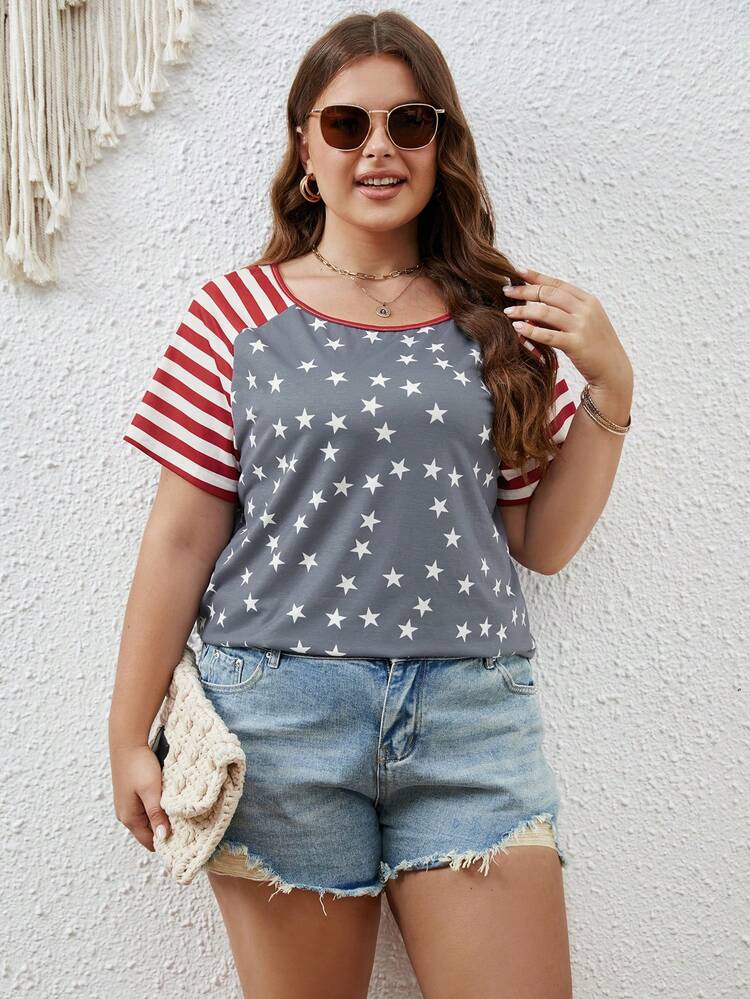 SHEIN LUNE Plus Striped & Star Print Raglan Sleeve Tee - Multicolor - View 4