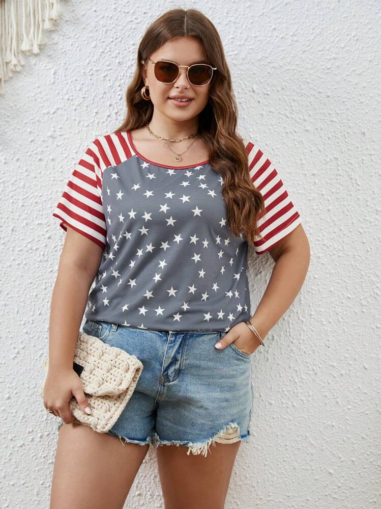 SHEIN LUNE Plus Striped & Star Print Raglan Sleeve Tee - Multicolor - View 6