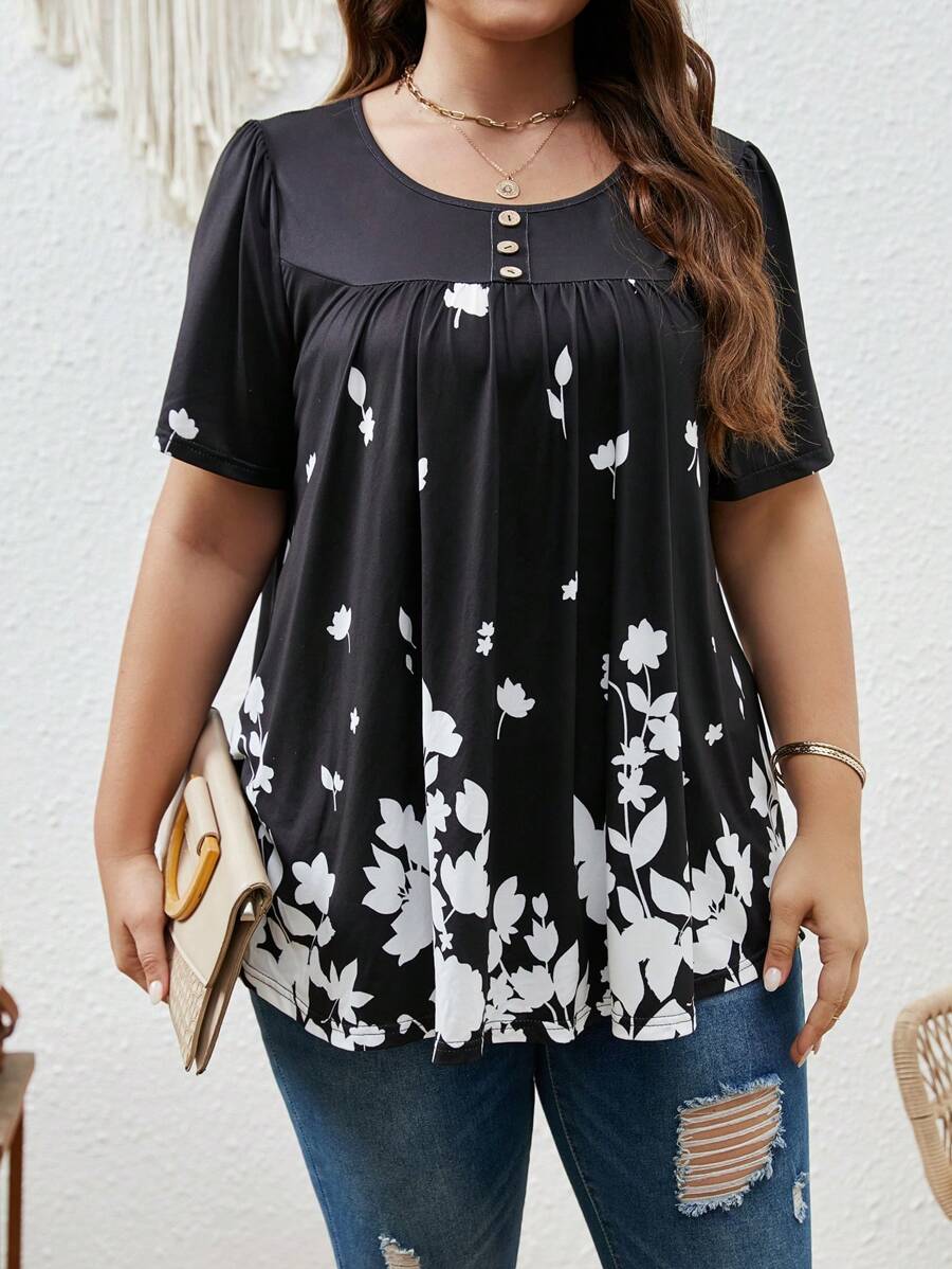 EMERY ROSE Plus Floral Print Button Detail Tee - Black and White - View 1