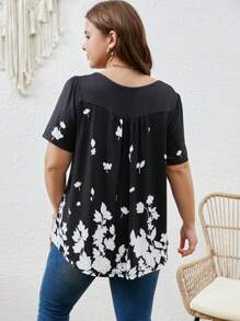 EMERY ROSE Plus Floral Print Button Detail Tee - Black and White - View 2