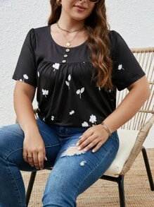 EMERY ROSE Plus Floral Print Button Detail Tee - Black and White - View 5
