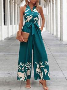SHEIN LUNE Áo liền quần nữ Lộ Lưng Thắt lưng Buộc lại Thực vật In ngẫu nhiên Giải trí - Nhiều màu - Xem 1