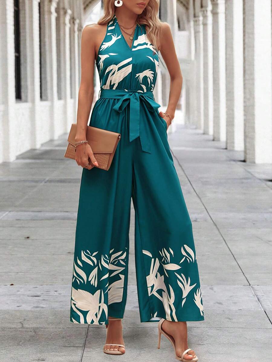 SHEIN LUNE Áo liền quần nữ Lộ Lưng Thắt lưng Buộc lại Thực vật In ngẫu nhiên Giải trí - Nhiều màu - Xem 1