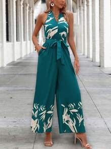 SHEIN LUNE Áo liền quần nữ Lộ Lưng Thắt lưng Buộc lại Thực vật In ngẫu nhiên Giải trí - Nhiều màu - Xem 3