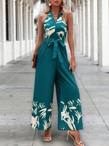 SHEIN LUNE Áo liền quần nữ Lộ Lưng Thắt lưng Buộc lại Thực vật In ngẫu nhiên Giải trí - Nhiều màu - Xem 5