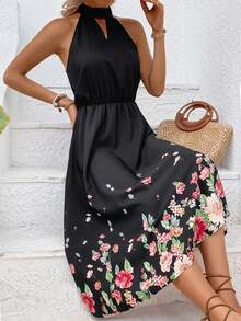 SHEIN LUNE Đầm Cắt ra Buộc lại Hoa Boho - màu đen - Xem 3