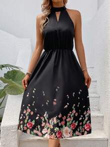 SHEIN LUNE Đầm Cắt ra Buộc lại Hoa Boho - màu đen - Xem 4