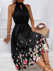 SHEIN LUNE Đầm Cắt ra Buộc lại Hoa Boho - màu đen - Xem 5