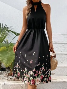 SHEIN LUNE Đầm Cắt ra Buộc lại Hoa Boho - màu đen - Xem 6