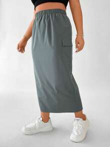 Flirla Plus Flap Pocket Side Split Hem Cargo Skirt Women Fall Skirt For Women - Grey - View 4