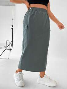 Flirla Plus Flap Pocket Side Split Hem Cargo Skirt Women Fall Skirt For Women - Grey - View 5