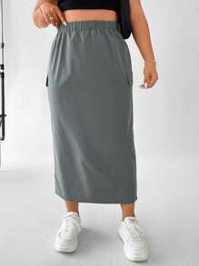 Flirla Plus Flap Pocket Side Split Hem Cargo Skirt Women Fall Skirt For Women - Grey - View 6