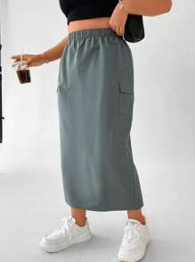 Flirla Plus Flap Pocket Side Split Hem Cargo Skirt Women Fall Skirt For Women - Grey - View 7