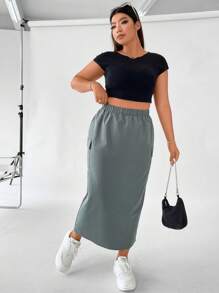 Flirla Plus Flap Pocket Side Split Hem Cargo Skirt Women Fall Skirt For Women - Grey - View 8