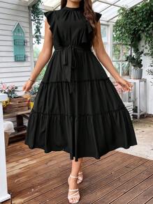 SHEIN Franclia 大碼荷葉邊繫腰帶連衣裙 - 黑色 - 查看 3