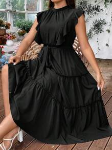 SHEIN Franclia 大碼荷葉邊繫腰帶連衣裙 - 黑色 - 查看 8