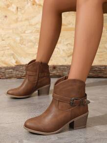 Fall/Winter 2025 Elegant Western Boots For Women, Buckle Decor Zipper Side Chunky Heeled Fashion Boots,Cowboy Boots - Brown - View 2