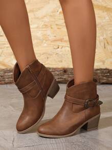 Fall/Winter 2025 Elegant Western Boots For Women, Buckle Decor Zipper Side Chunky Heeled Fashion Boots,Cowboy Boots - Brown - View 3