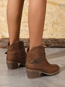 Fall/Winter 2025 Elegant Western Boots For Women, Buckle Decor Zipper Side Chunky Heeled Fashion Boots,Cowboy Boots - Brown - View 4