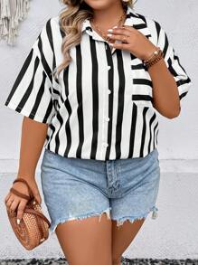 Calvaya 夏季加大条纹印花落肩衬衫 - 黑與白 - 查看 5